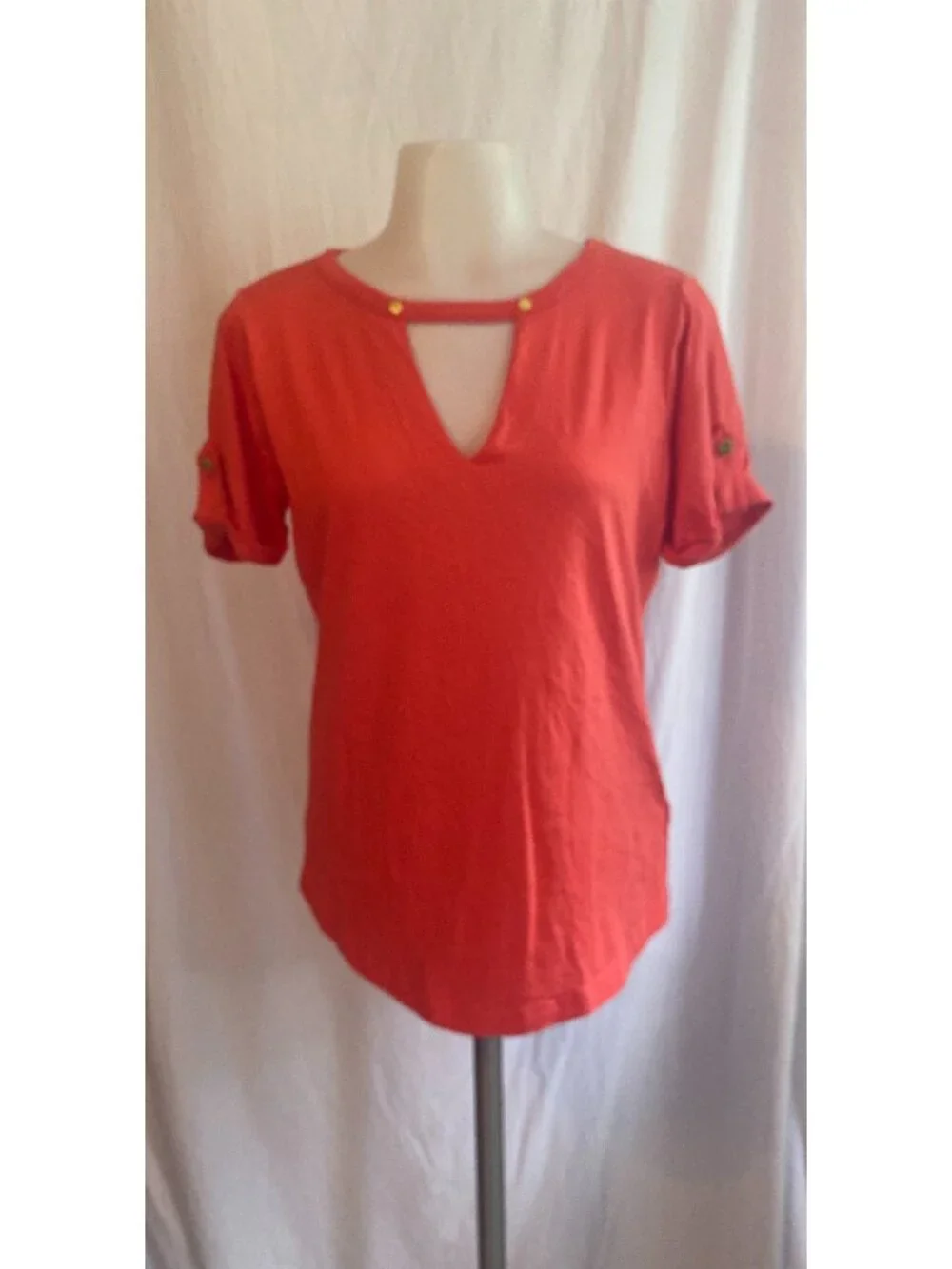 Michael Kors Red Coral Keyhole Short Sleeve Top